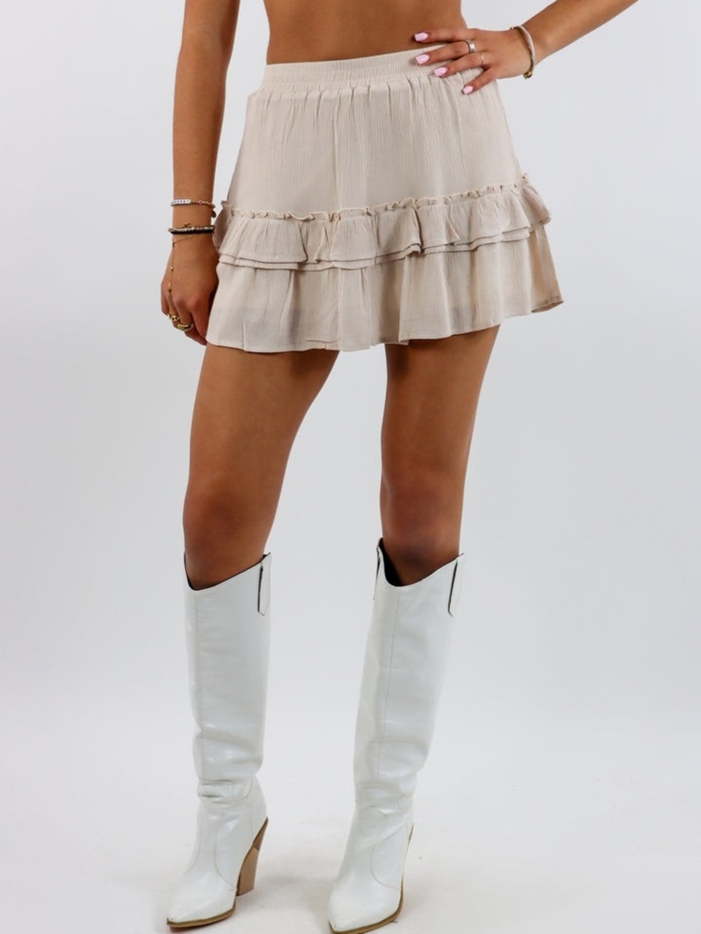 Storia Women's Beige Ruffle Mini Skirt - Lightweight Layered Design Size M